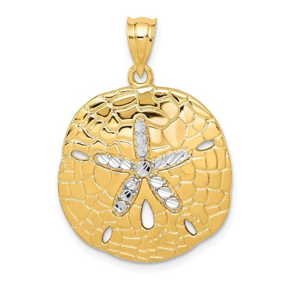 14k Yellow Gold & Rhodium Diamond Cut Sand Dollar Necklace - 20 Inch